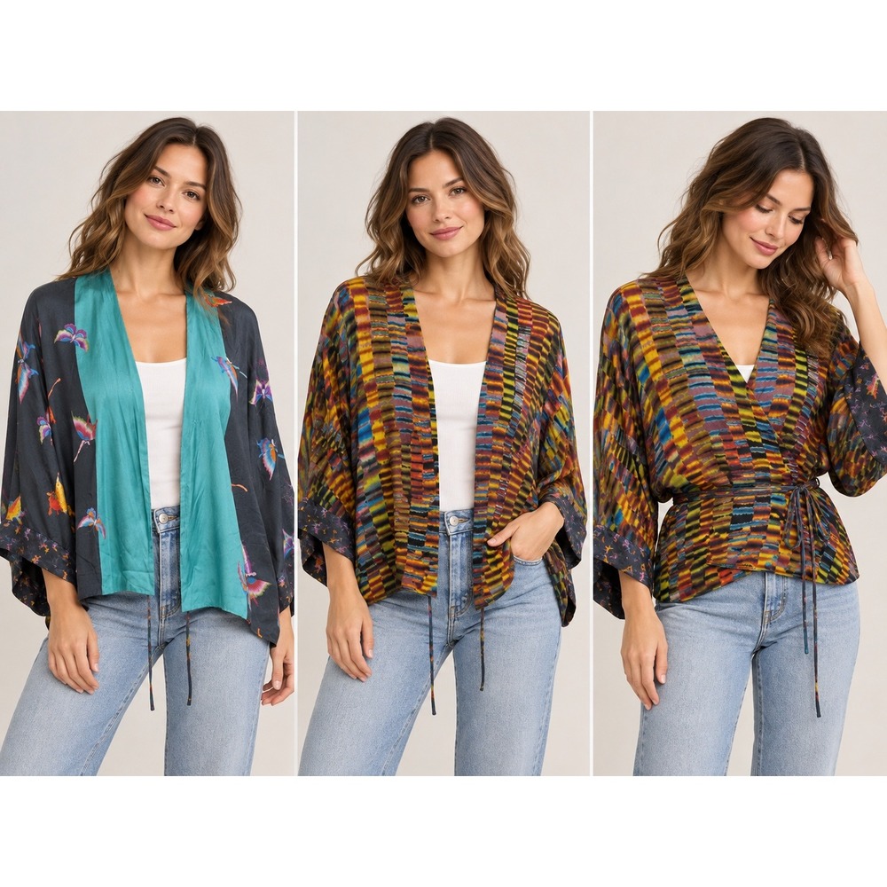 Johnny Was Wrap Top Reversible Butterfly Abstract Silk Boho Medium